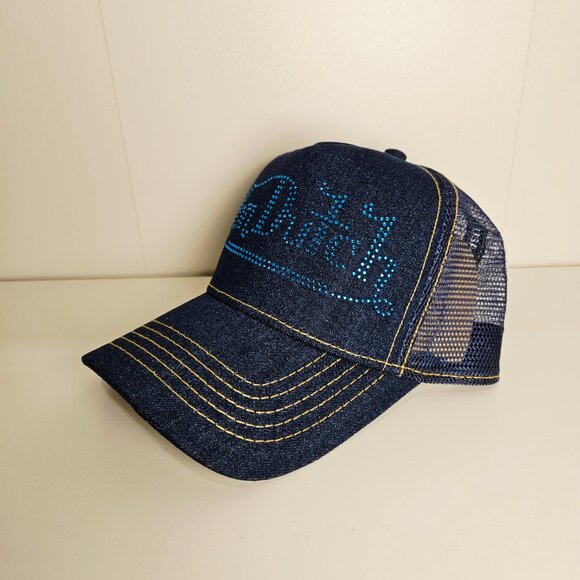 Von Dutch Blue Denim Studded Rhinestone Snapback Trucker Cap